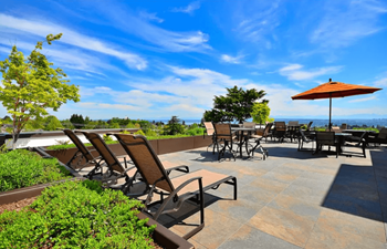 A patio with chairs and an umbrella overlooking the water.
